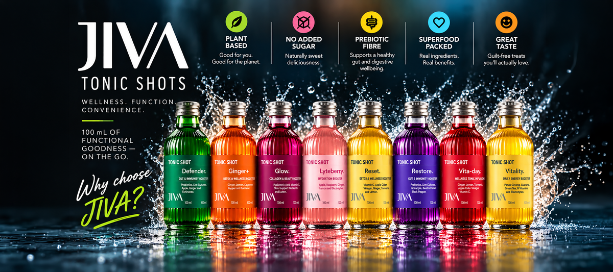 JIVA 100ml Plant-Based Wellness Tonic Shots in eight vibrant flavours, featuring functional ingredients, prebiotic fibre and no added sugar for everyday wellness on the go.