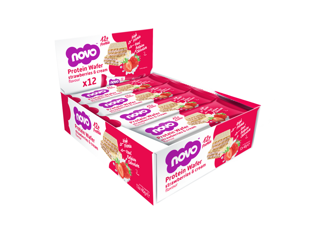Strawberries & Cream Protein Wafer Display Box (12 × 40 g) | Novo Nutrition