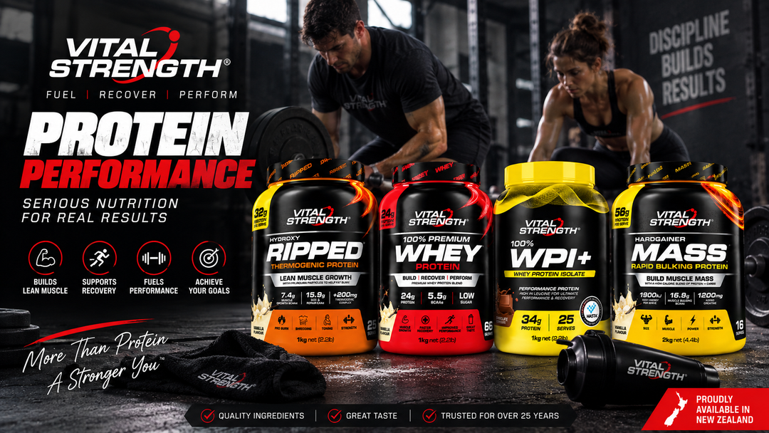 VITAL STRENGTH Protein Performance New Zealand featuring RIPPED, WHEY and WPI+ protein powders for muscle growth, recovery and performance.