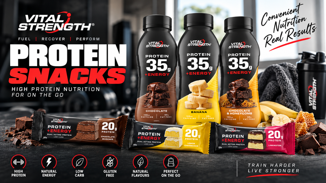 VITAL STRENGTH Protein Snacks New Zealand featuring 35g protein RTD shakes and 20g protein bars for convenient sports nutrition.