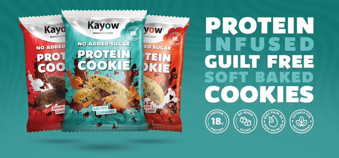 Kayow protein cookies in salted caramel, double chocolate and milk chocolate flavours