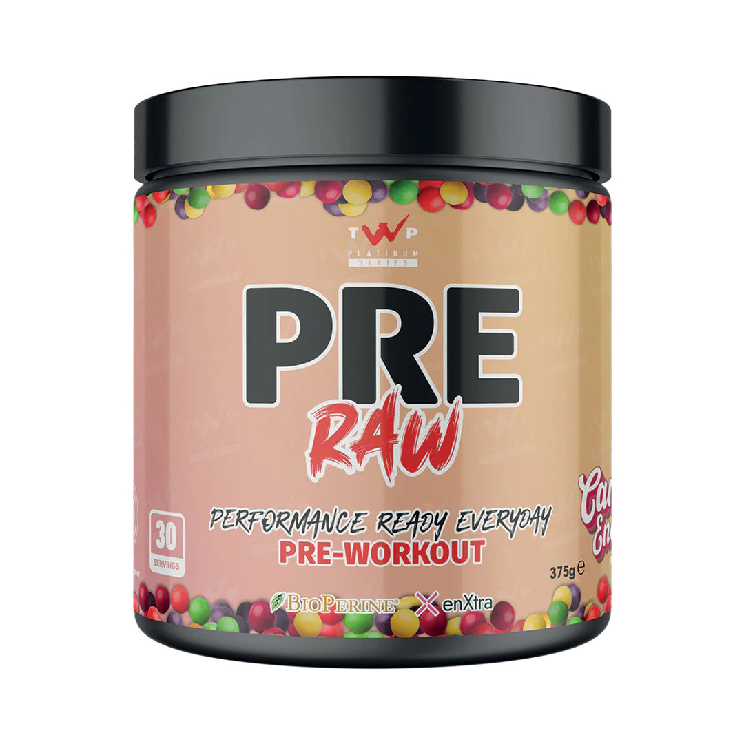 TWP P.R.E. RAW Candy Energy pre-workout tub front view, Platinum Series, 375g, available at Goodsnet New Zealand.