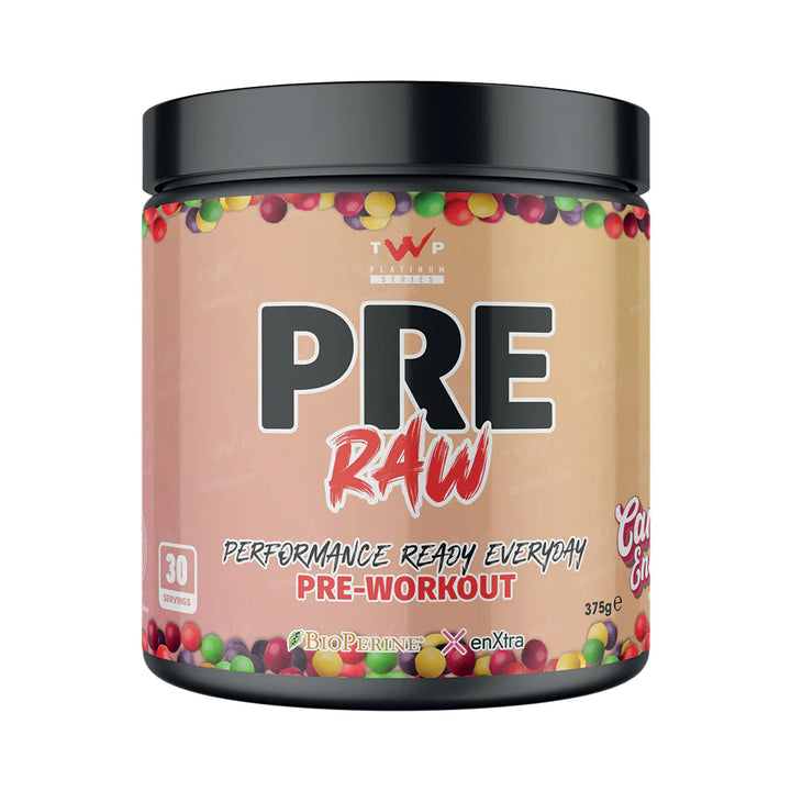 TWP P.R.E. RAW Candy Energy pre-workout tub front view, Platinum Series, 375g, available at Goodsnet New Zealand.