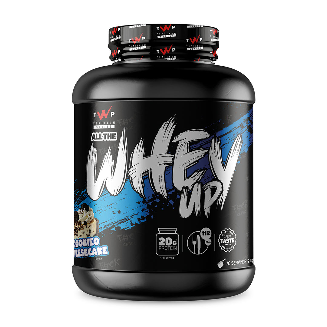 TWP ALL THE WHEY UP Protein Cookeo Cheesecake 2.1kg tub front view, Platinum Series, available at Goodsnet New Zealand.