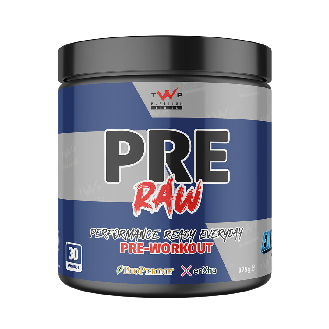 TWP P.R.E. RAW Energy pre-workout tub front view, Platinum Series, 375g, available at Goodsnet New Zealand.