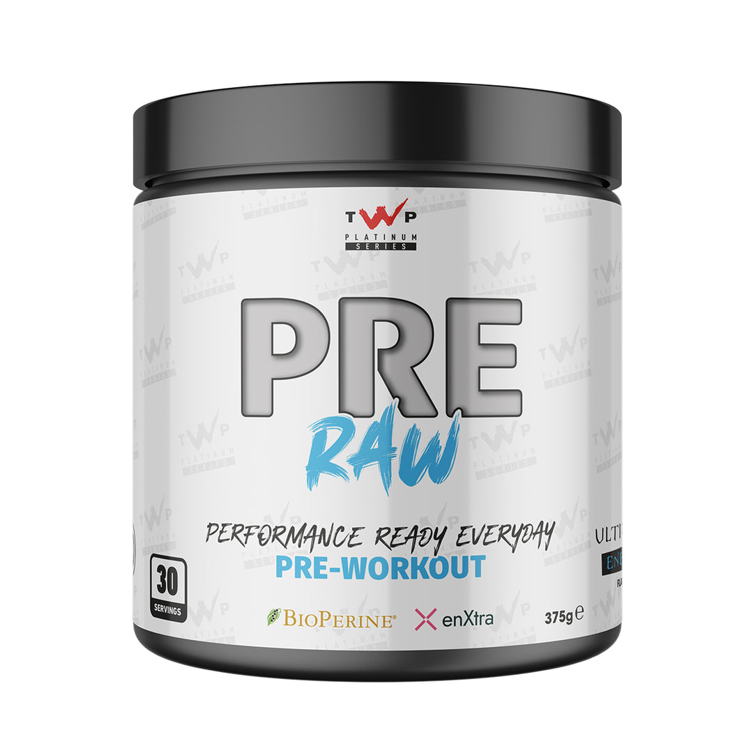 TWP P.R.E. RAW Ultra Energy pre-workout tub front view, Platinum Series, 375g, available at Goodsnet New Zealand.