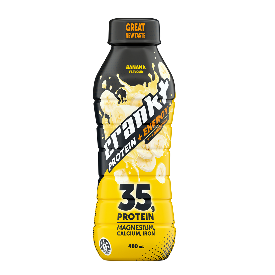 "CRANKT 35g Protein + Energy RTD Banana 400mL ready-to-drink protein beverage with natural guarana, magnesium, calcium and iron."