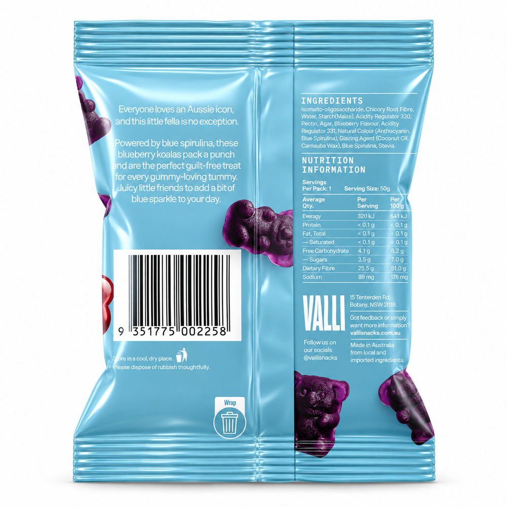 VALLI Blueberry Koala Bears with Blue Spirulina 50g – back of pack ingredients and nutrition information