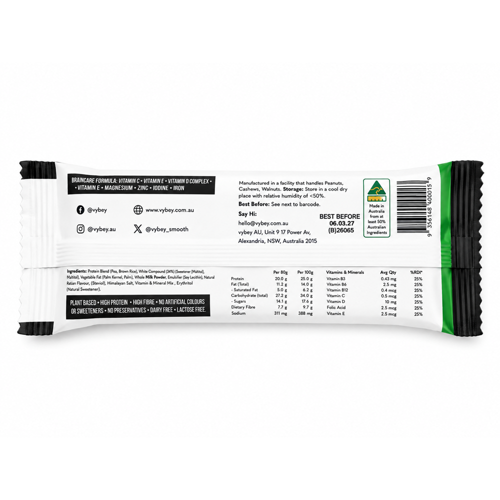 Back of VYBEY Complete Nutrition Bar Chocolate Mint 80g showing nutritional information, ingredients, allergens, storage instructions and product details, available at Goodsnet.