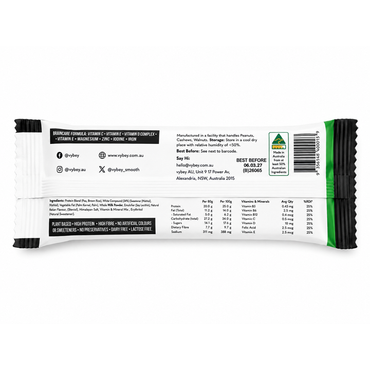 Back of VYBEY Complete Nutrition Bar Chocolate Mint 80g showing nutritional information, ingredients, allergens, storage instructions and product details, available at Goodsnet.