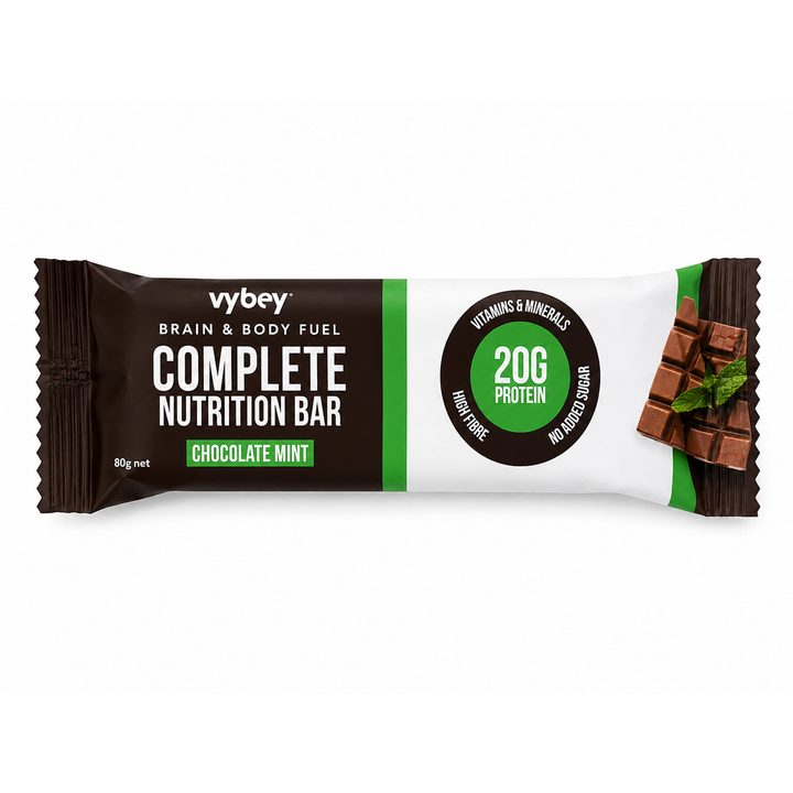 VYBEY Complete Nutrition Bar Chocolate Mint 80g with 20g plant-based protein, high fibre, vitamins and minerals, and no added sugar, available at Goodsnet.