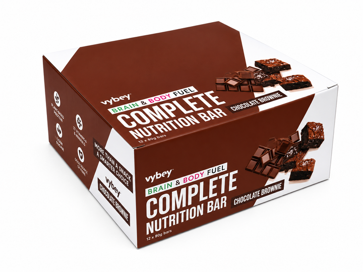 Vybey Complete Nutrition Bar Choc Brownie 80g plant-based protein bar in chocolate brownie flavour, high in protein and fibre, with complete nutrition and functional ingredients.