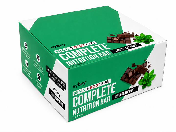 Vybey Complete Nutrition Bar Choc Mint 80g plant-based protein bar with rich chocolate and refreshing mint flavour, high in protein and fibre, providing complete nutrition with functional ingredients.