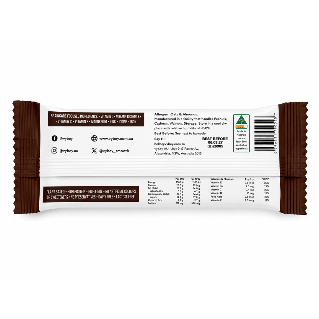 Back of VYBEY Complete Nutrition Bar Chocolate Brownie 80g showing nutritional information, ingredients, allergens, storage instructions and product details, available at Goodsnet.