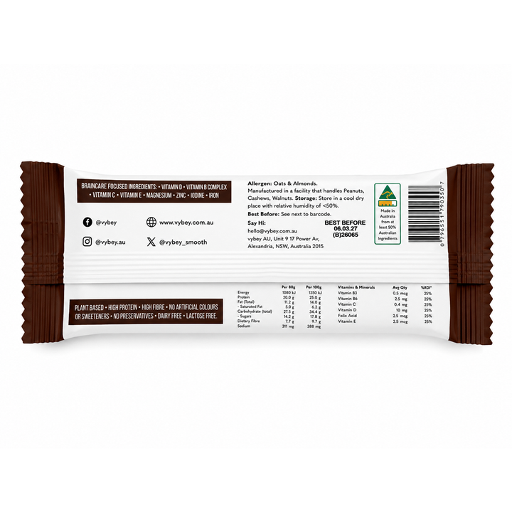 Back of VYBEY Complete Nutrition Bar Chocolate Brownie 80g showing nutritional information, ingredients, allergens, storage instructions and product details, available at Goodsnet.