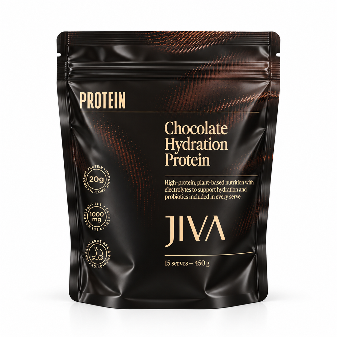 JIVA Chocolate Hydration Protein 450g plant-based protein powder pouch