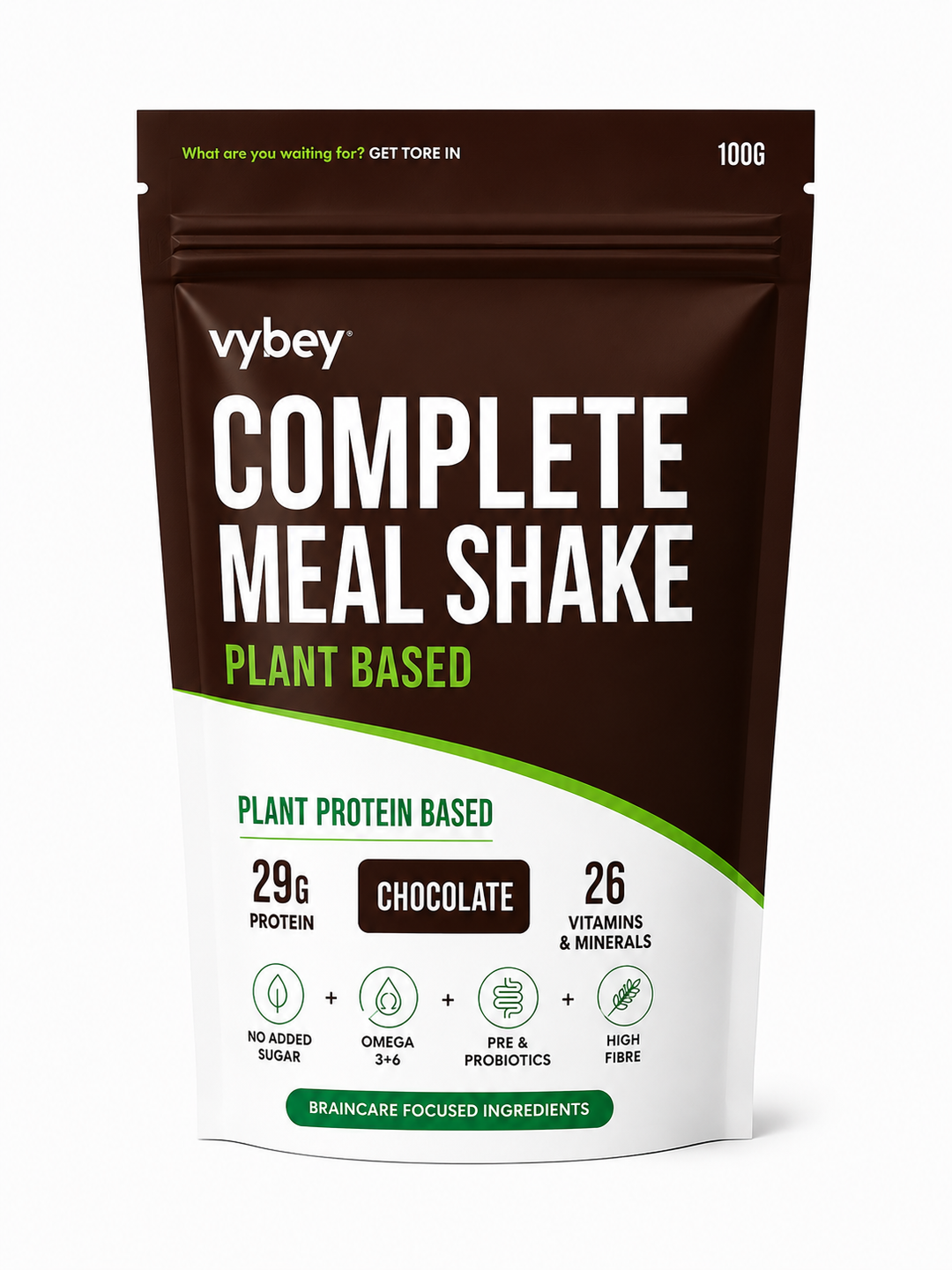 VYBEY Complete Nutrition Powder Chocolate 100g plant-based meal shake with 29g protein and 26 vitamins and minerals, available at Goodsnet.