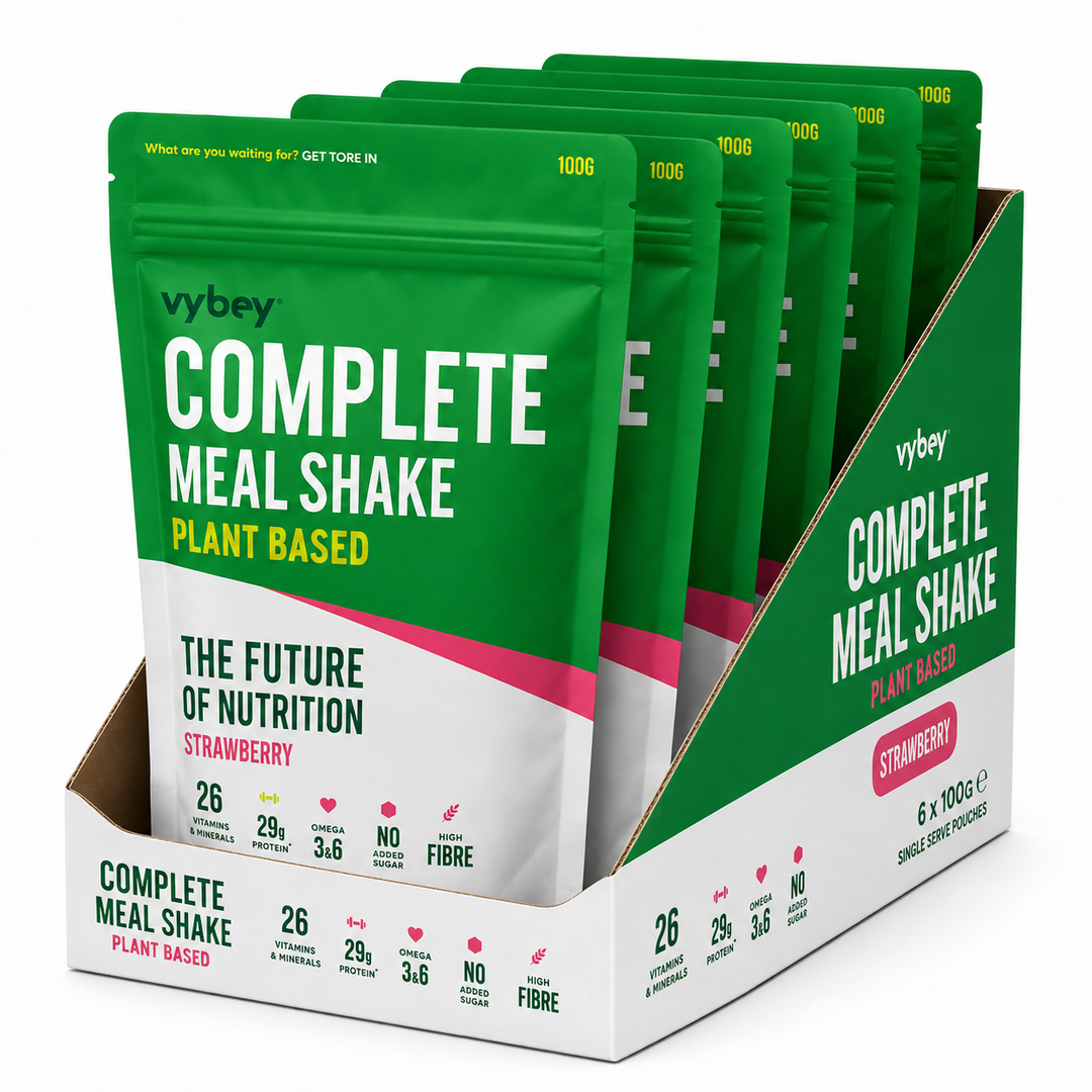 VYBEY Complete Meal Shake Strawberry 100g display case of 6 sachets