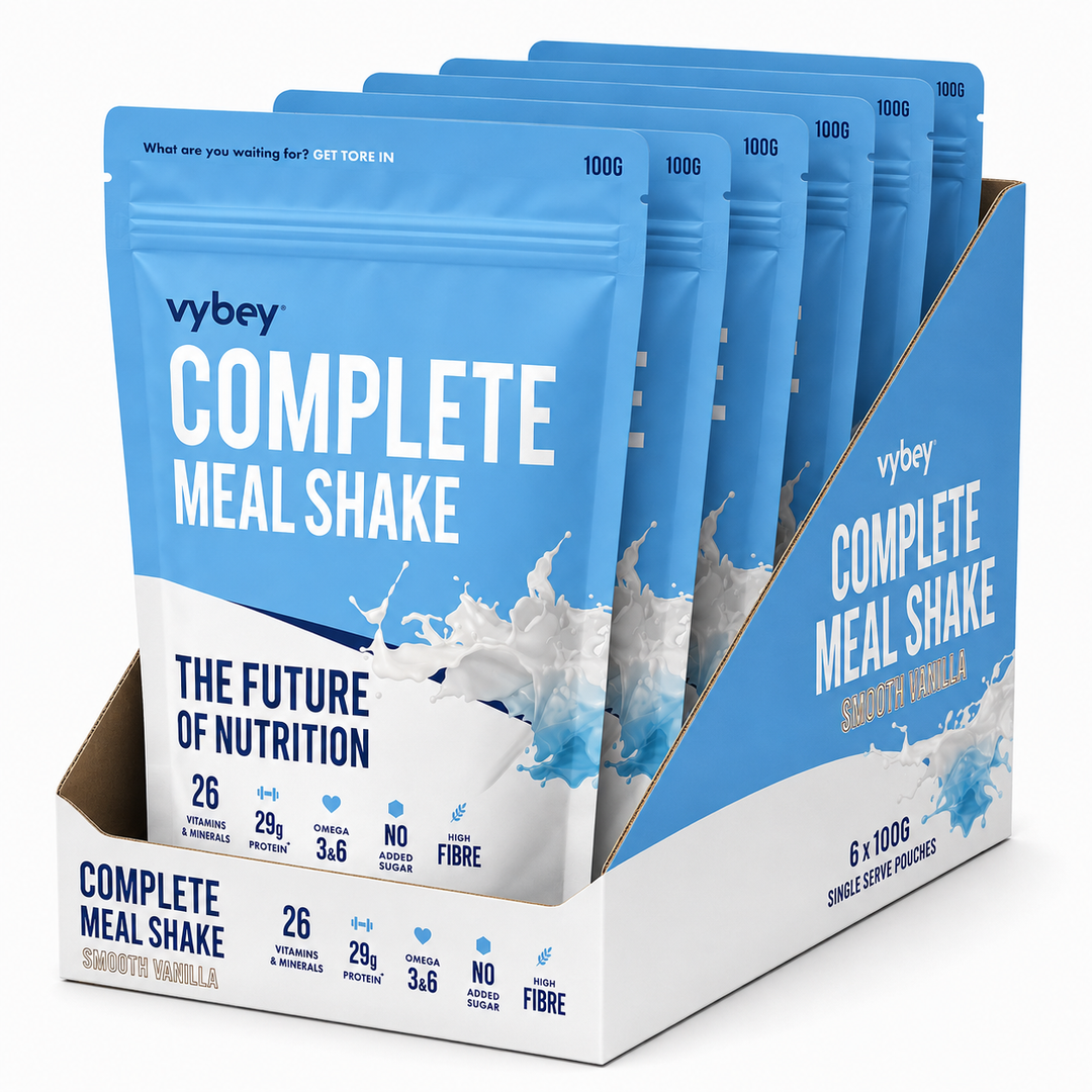 VYBEY Complete Meal Shake Vanilla 100g display case of 6 sachets