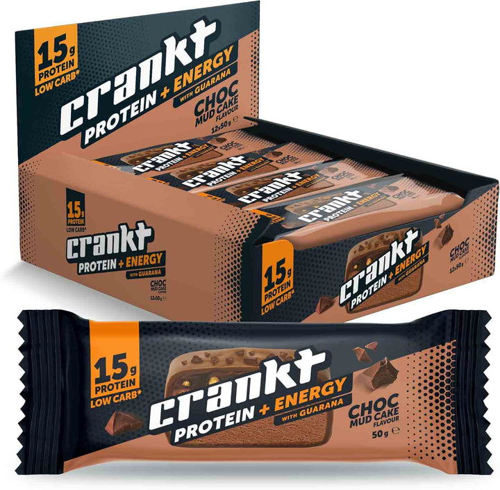 CRANKT 15g Energy Snacking Protein Bar Choc Mudcake 50g high-protein energy snack with natural guarana