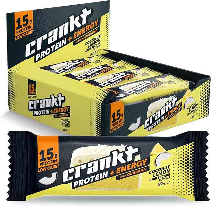 CRANKT 15g Energy Snacking Protein Bar Coconut Lemon Cheesecake 50g high-protein energy snack with natural guarana