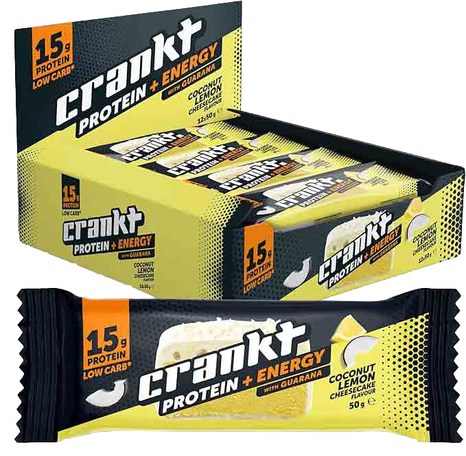 CRANKT 15g Protein Bar Coconut Lemon Cheesecake 50g display case of 12 bars