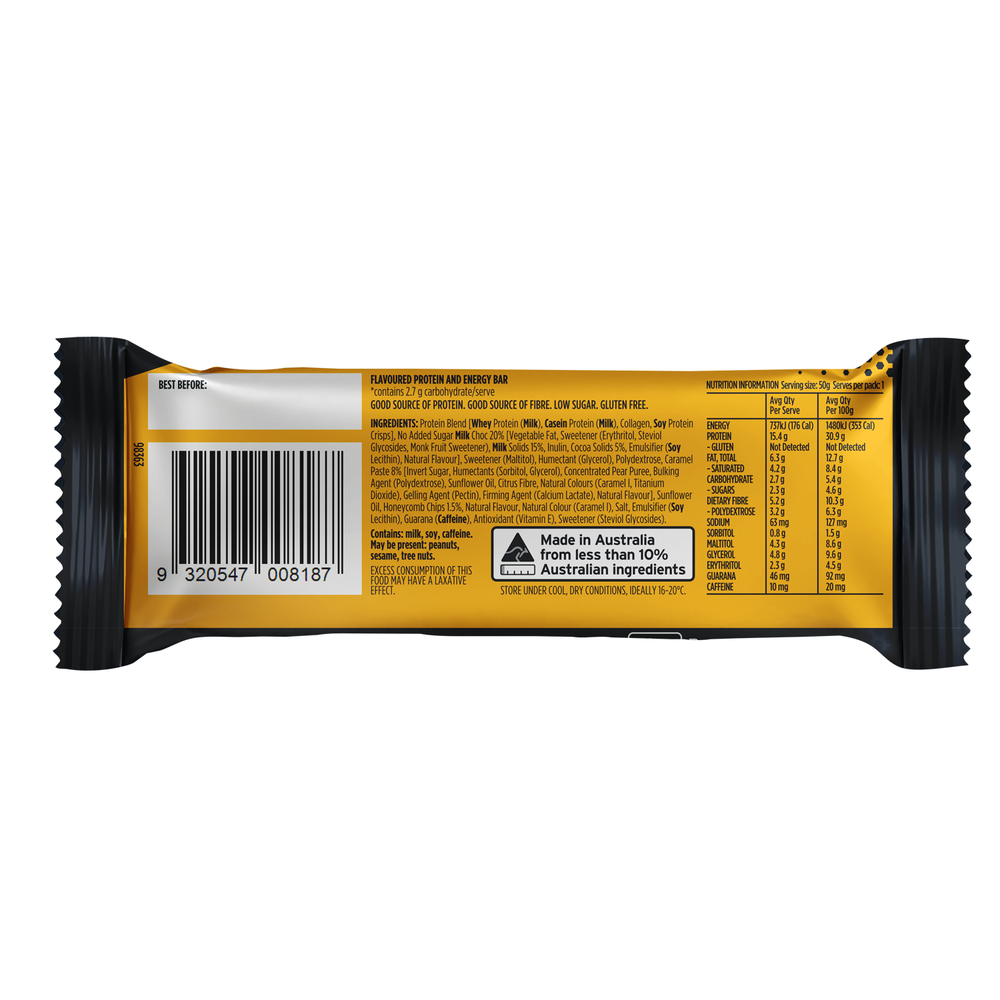 Back panel of Crankt Chocolate Honeycomb Protein + Energy 15g protein bar showing nutrition information, ingredients and barcode – Goodsnet New Zealand.