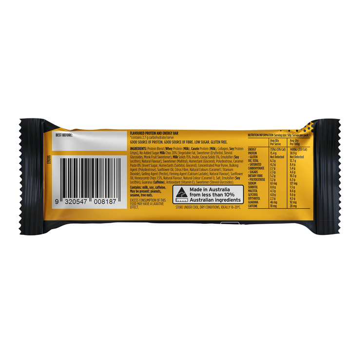 Back panel of Crankt Chocolate Honeycomb Protein + Energy 15g protein bar showing nutrition information, ingredients and barcode – Goodsnet New Zealand.
