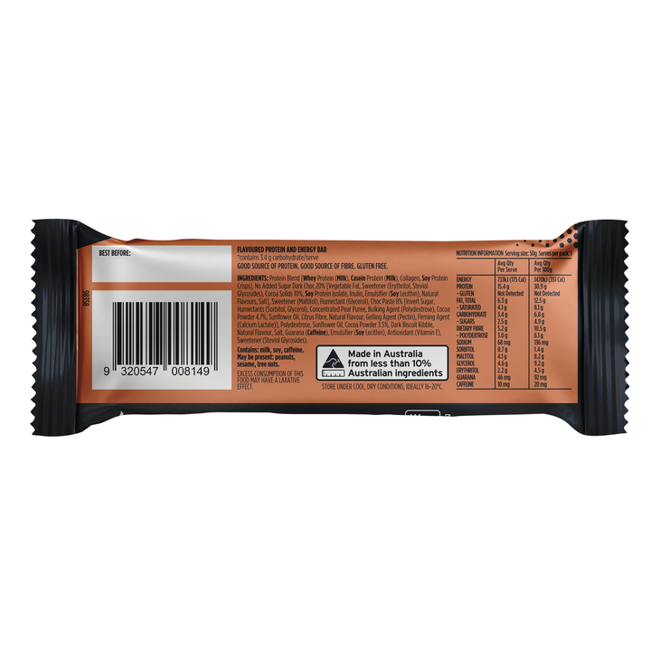 Back panel of Crankt Chocolate Mudcake Protein + Energy 15g Protein Bar showing nutrition information, ingredients and barcode – Goodsnet New Zealand.