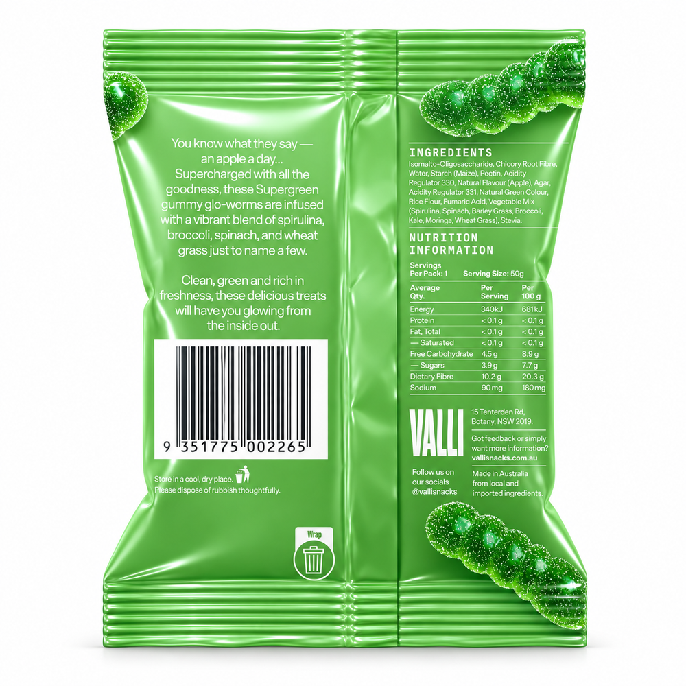 VALLI Sour Apple Supergreen Glo-Worms 50g – ingredients and nutrition information back of pack