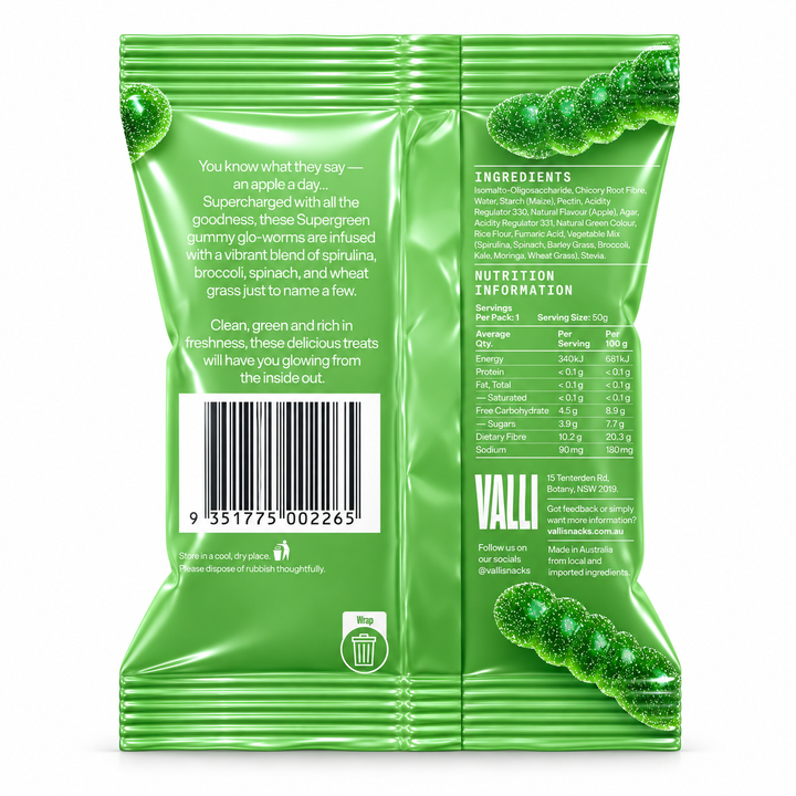 VALLI Sour Apple Supergreen Glo-Worms 50g – ingredients and nutrition information back of pack