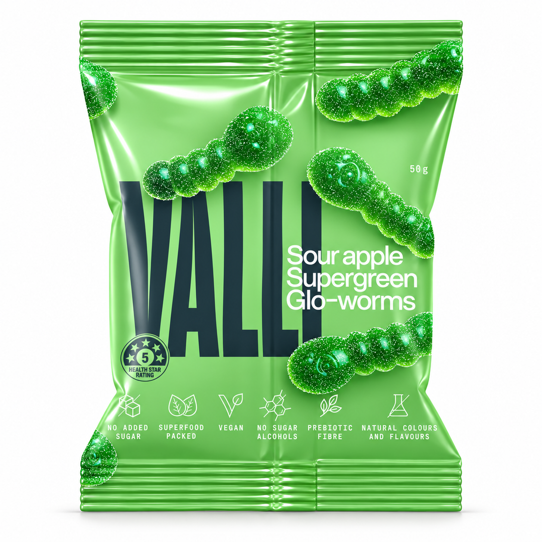 VALLI Sour Apple Supergreen Glo-Worms 50g – vegan superfood gummies front of pack