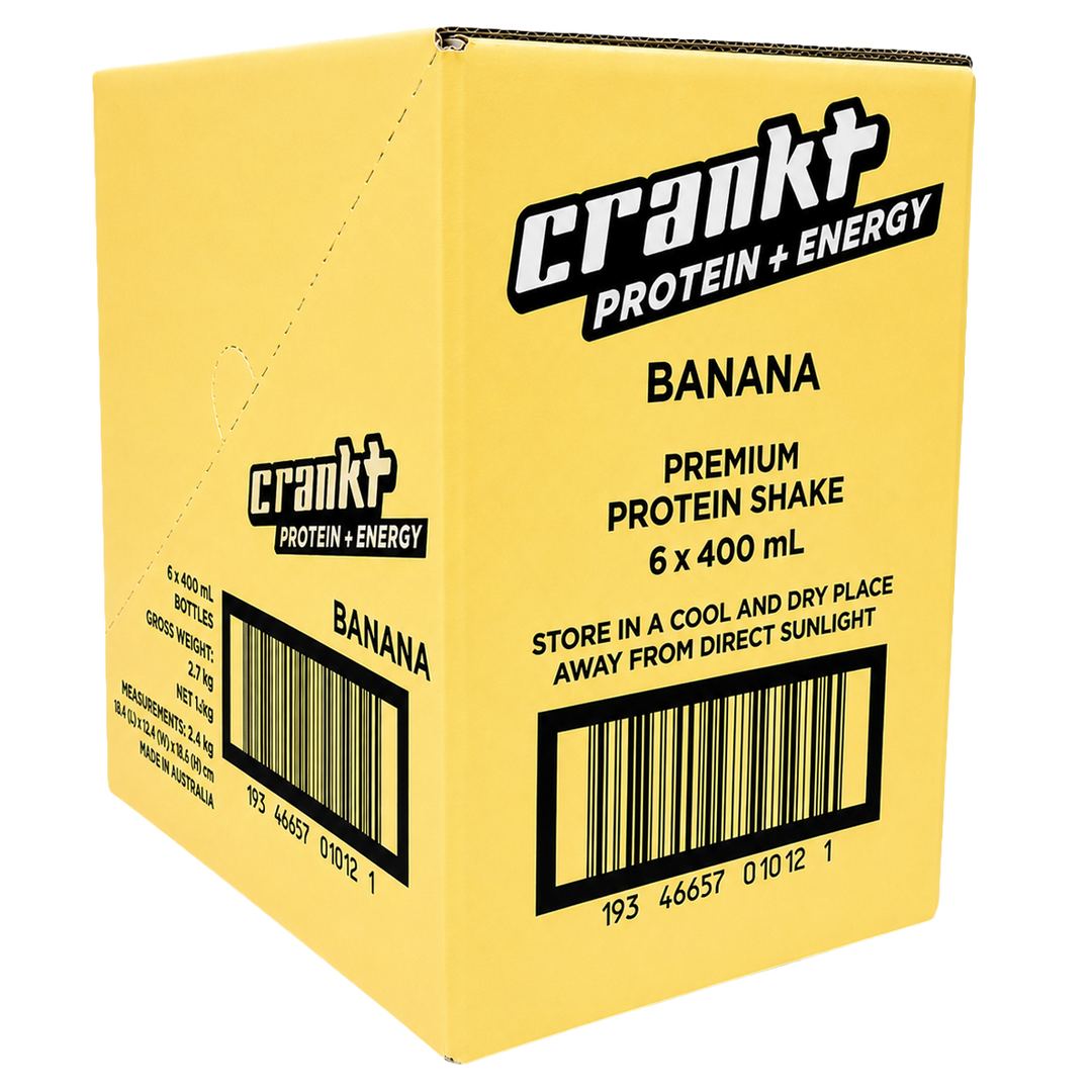 CRANKT 35g Protein Shake Banana 400ml display case with 6 bottles