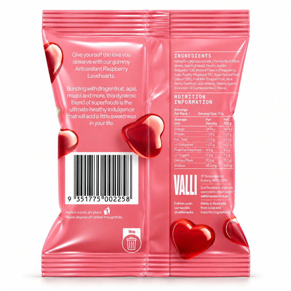 VALLI Antioxidant Raspberry Lovehearts 50g – ingredients and nutrition information back of pack