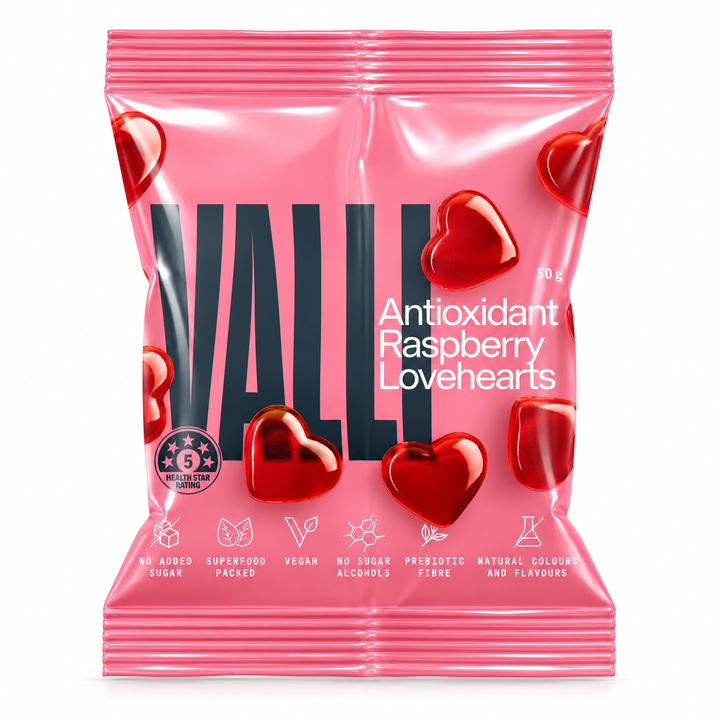 VALLI Antioxidant Raspberry Lovehearts 50g – vegan superfood gummies front of pack