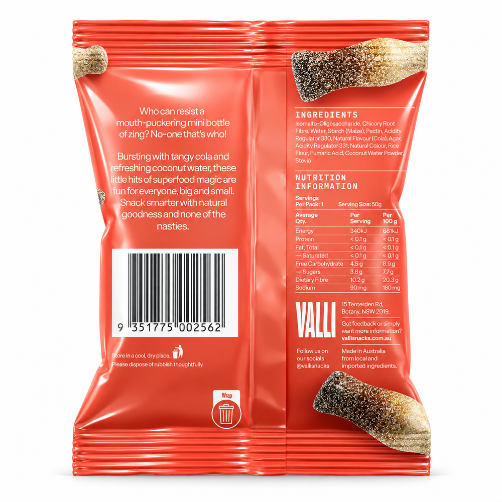 VALLI Sour Cola Bottles with Coconut Water 50g back of pack showing ingredients and nutrition information