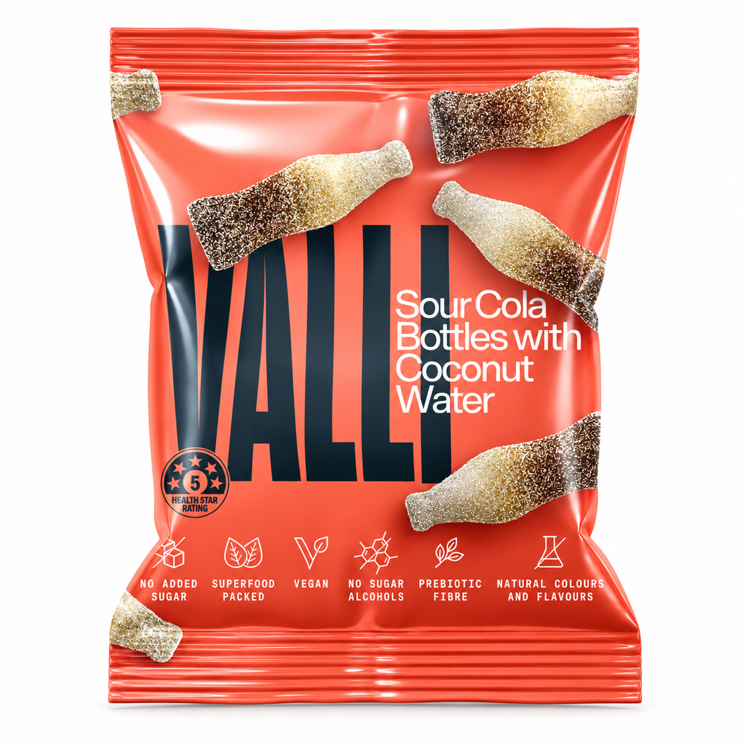 VALLI Sour Cola Bottles with Coconut Water 50g vegan superfood gummies