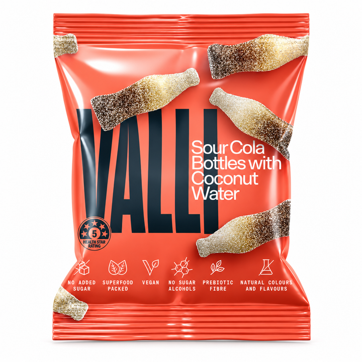VALLI Sour Cola Bottles with Coconut Water 50g vegan superfood gummies