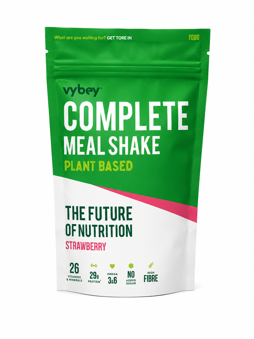 VYBEY Complete Nutrition Powder Strawberry 100g dairy-based meal shake with 29g protein, 26 vitamins and minerals and fibre.