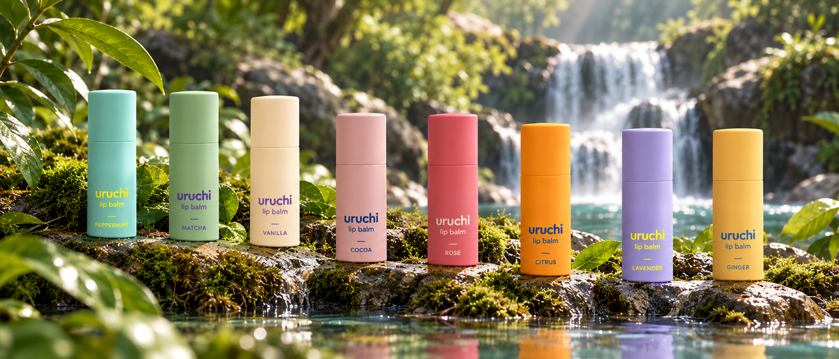 URUCHI plant-based, vegan and organic lip balms in eight varieties, featuring natural botanical ingredients and plastic-free packaging