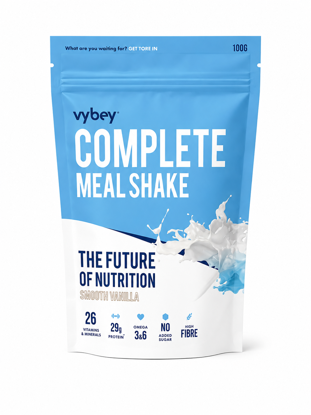 VYBEY Complete Nutrition Powder Vanilla 100g dairy-based meal shake with 29g protein, 26 vitamins and minerals and fibre.