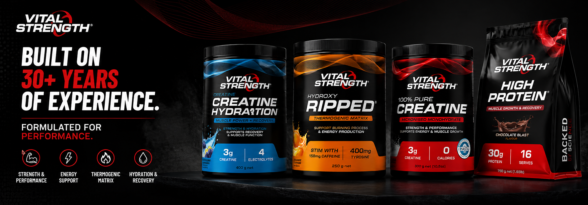 Vital Strength sports nutrition range available from Goodsnet New Zealand, featuring creatine, protein, hydration and performance supplements.