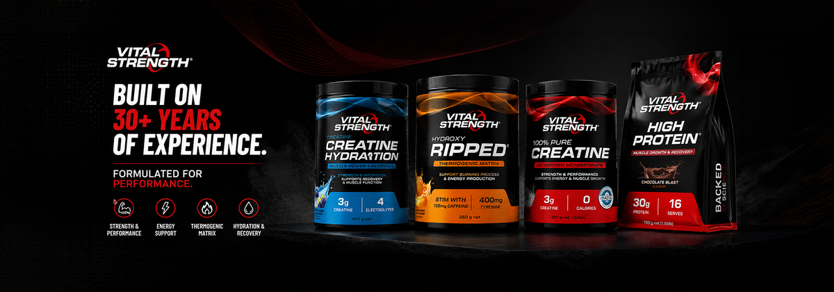 Vital Strength sports nutrition range available from Goodsnet New Zealand, featuring creatine, protein, hydration and performance supplements.