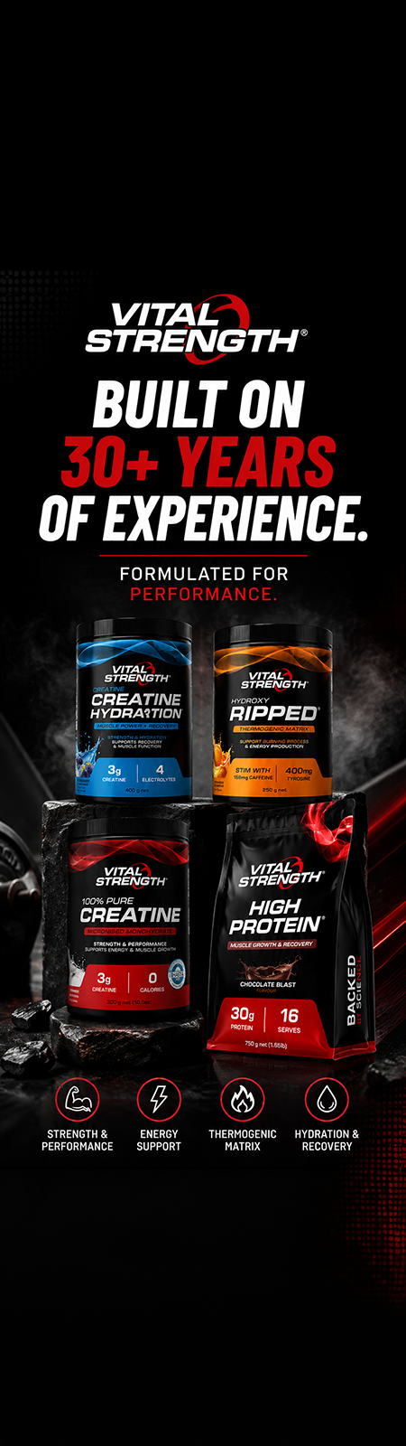 Vital Strength protein, hydration, creatine and Ripped sports nutrition supplements available from Goodsnet New Zealand.