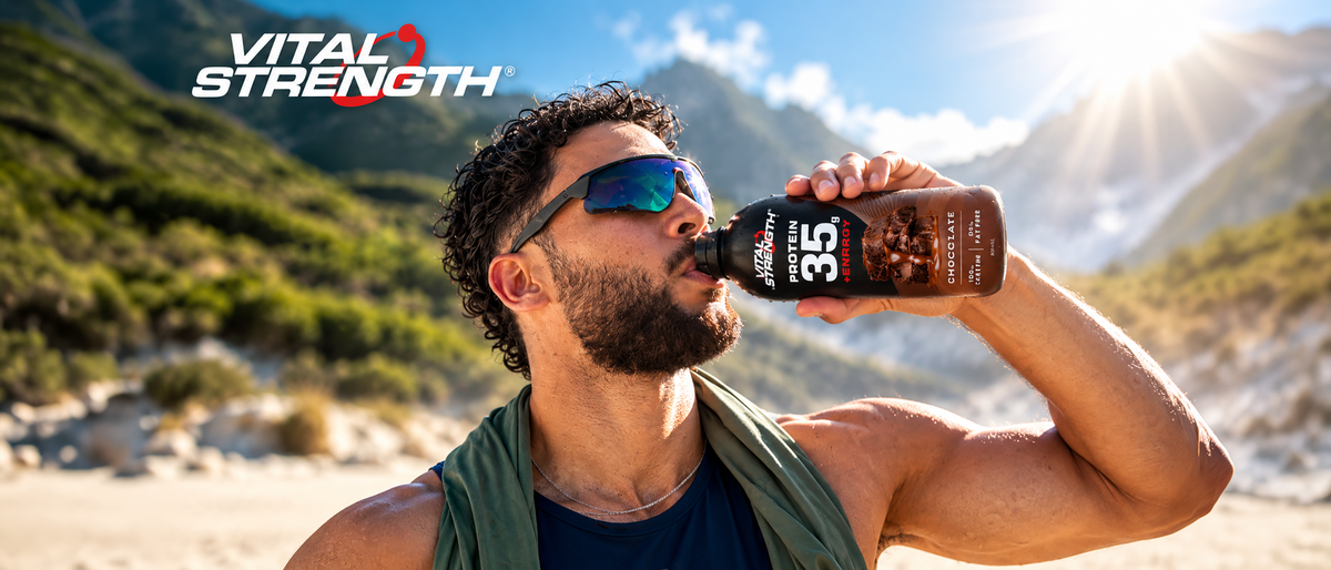 Vital Strength 35g Protein + Energy Chocolate RTD 400ml bottle, featuring 100mg caffeine,
