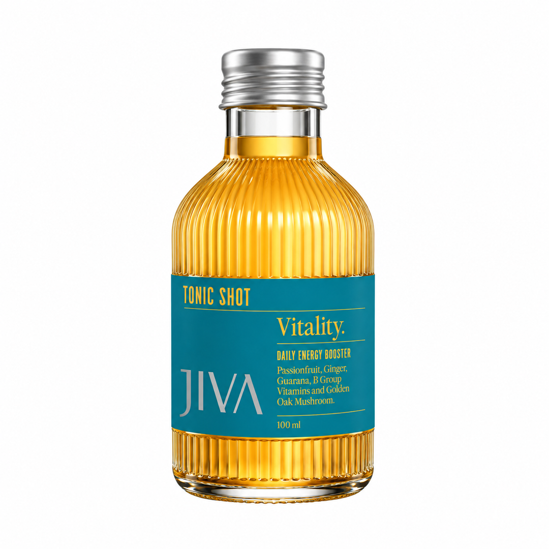 JIVA Vitality Daily Energy Tonic Shot 100ml with passionfruit, ginger, guarana, B-group vitamins and golden oak mushroom