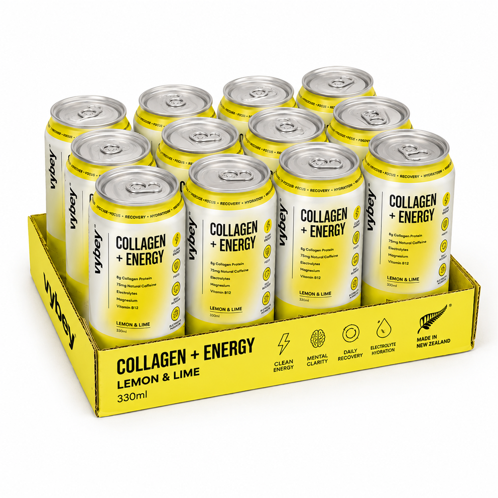 Vybey Collagen + Energy Drink Lemon & Lime 330ml Display Case of 12 Cans | 8g Collagen Protein & Natural Caffeine
