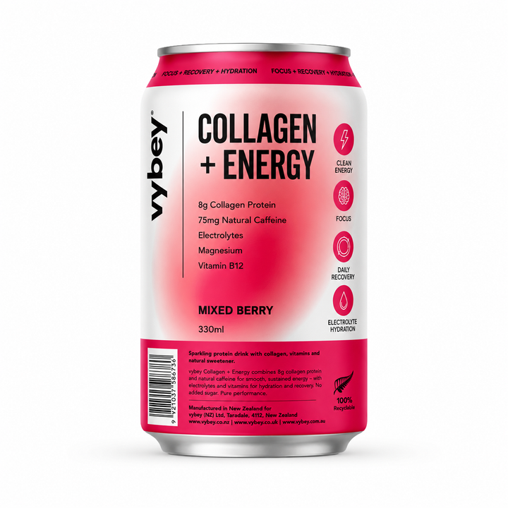 Vybey Collagen + Energy Drink Mixed Berry 330ml can with 8g collagen protein and 75mg natural caffeine