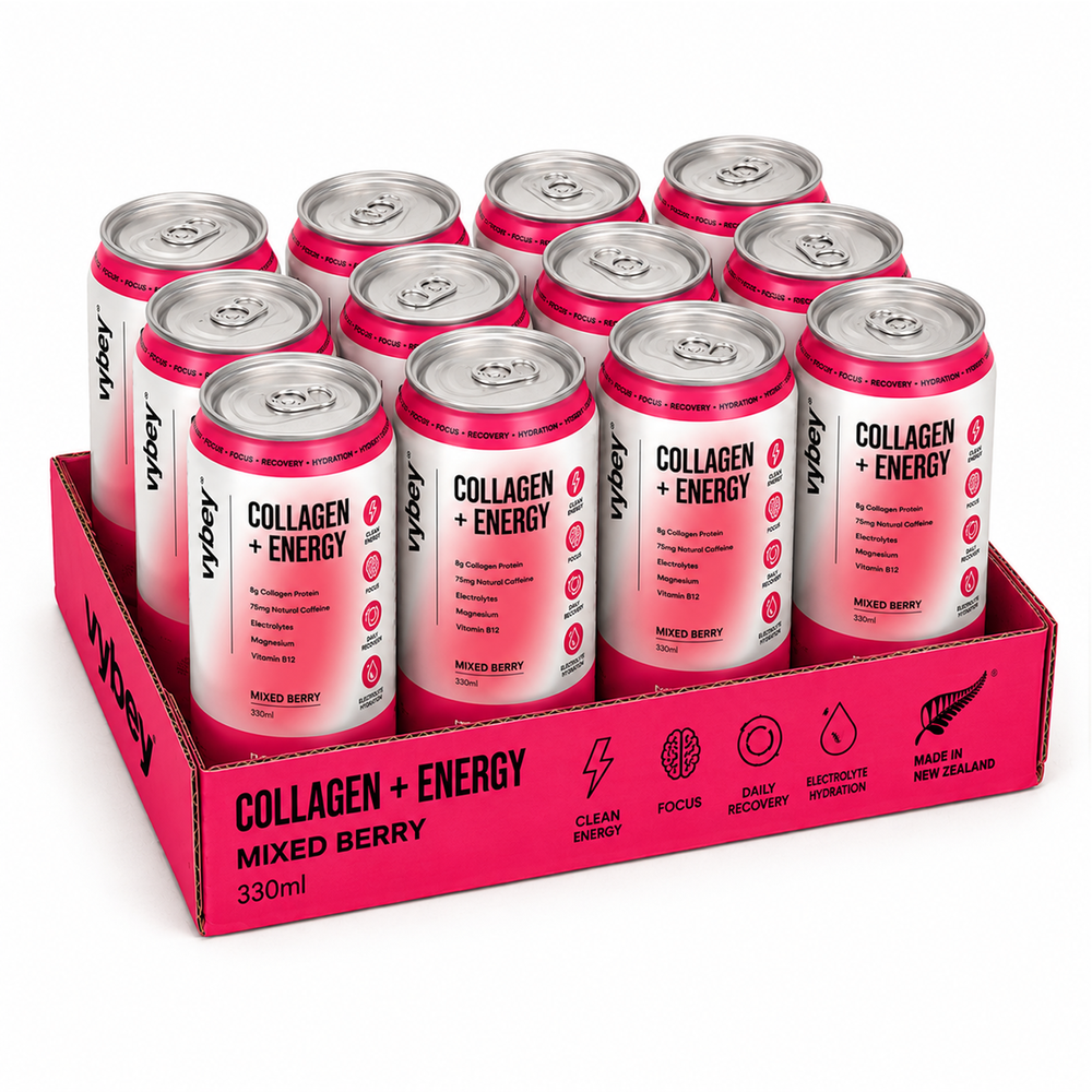Vybey Collagen + Energy Drink Mixed Berry 330ml display case containing 12 cans