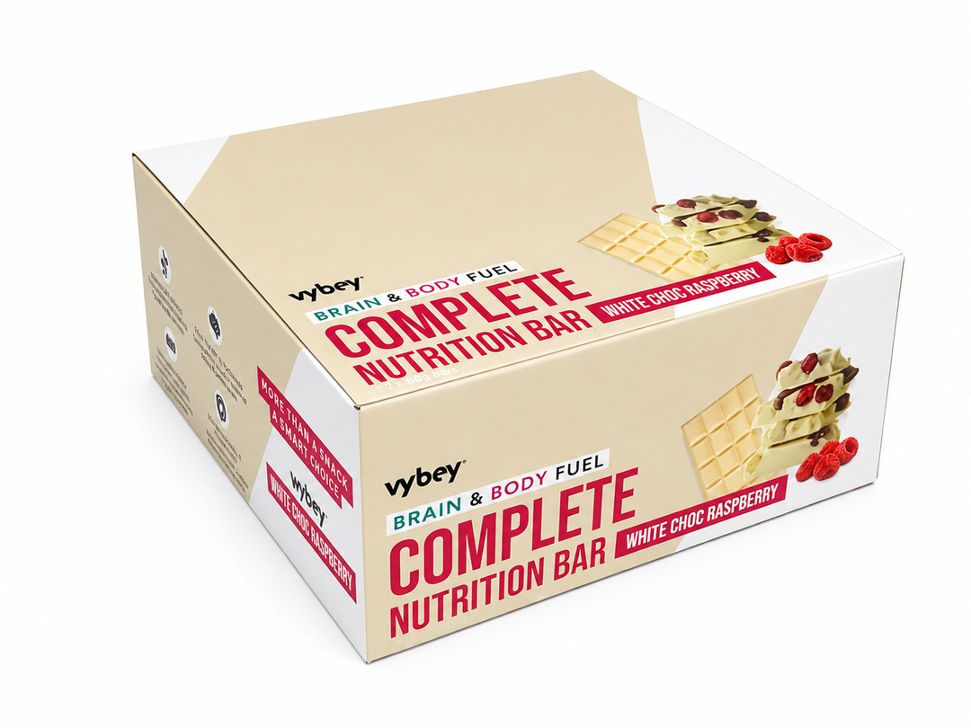 Vybey Complete Nutrition Bar White Choc Raspberry 80g plant-based protein bar with creamy white chocolate and raspberry flavour, high in protein and fibre, providing complete nutrition with functional ingredients.